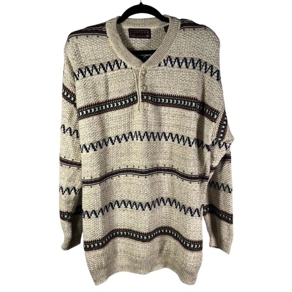 Vintage Jantzen Sport Sweater Mens XL Beige‎ 100% Cotton Patterned Knit